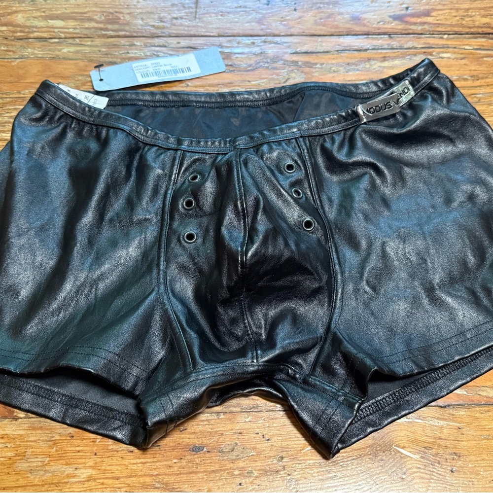 Men's Black Faux Leather Boxer Briefs with Tie-String Detail